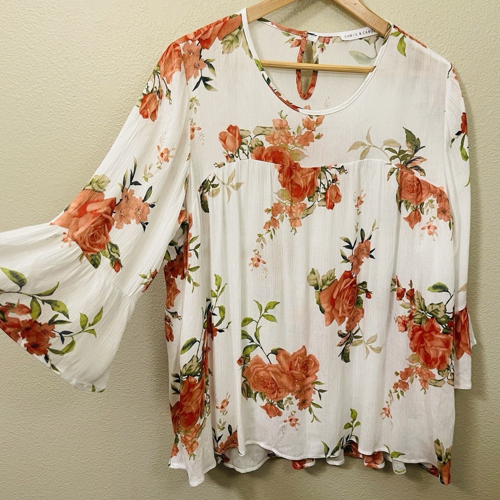 Chris & Carol Flowy Floral Top Light Semi Sheer White Red Boho Cottagecore Sz L